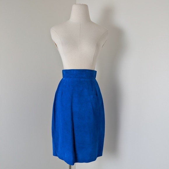 Danier Genuine Leather 2 Piece Skirt Set Suede Royal Blue Matching Pencil High - Picture 11 of 14
